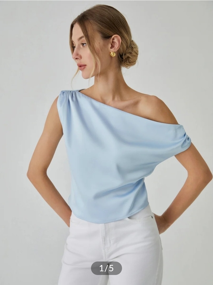 Nwt Commense Light Blue Satin One Shoulder Off Knotted Blouse, Xl